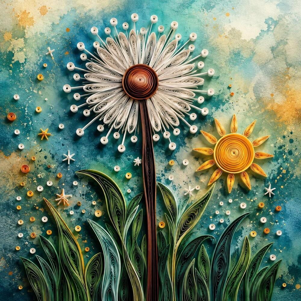 8x8 Framed Quilling-Style Dandelion and Sun Wall Art